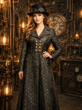 The People‎ Have Spoken 90s Y2K Brocade Steampunk Longline Coat Brass Button S
